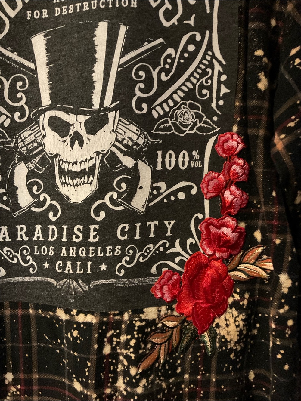 Custom Made GUNS N' ROSES Back Patch Distressed Large Plaid Flannel W/Back Roses - Picture 2 of 6